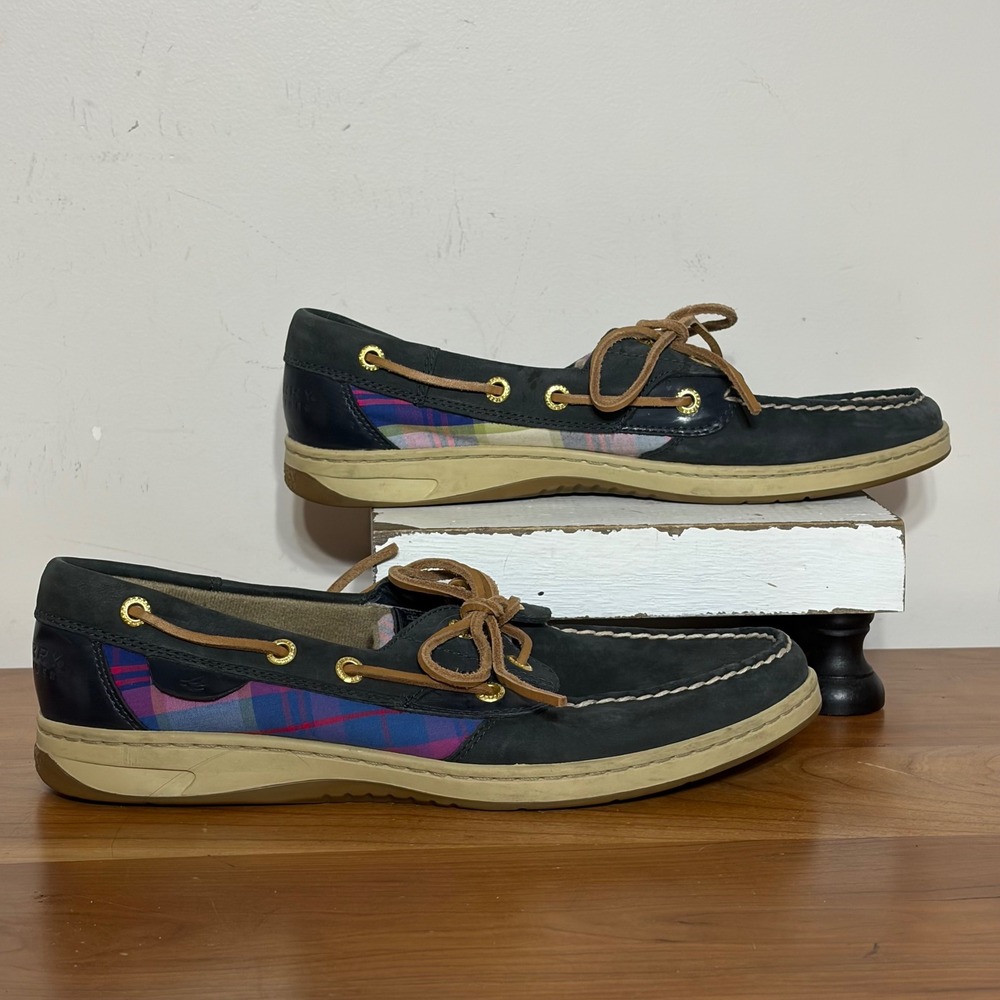 Sperry Top-Sider Womens Blue Plaid Leather Boat Shoes 9353657 Navy Size 9M